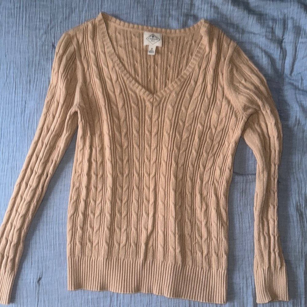 Tan v neck cable knit sweater
